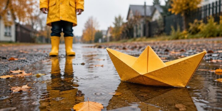 Yellow paper boat floating in a rain puddle with an child in the background, surrounded by fallen leaves, representing childhood, rainy weather and seasonal play
