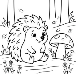 Naklejka premium Cute cartoon hedgehog sitting in a forest with flowers and a mushroom, black and white coloring page