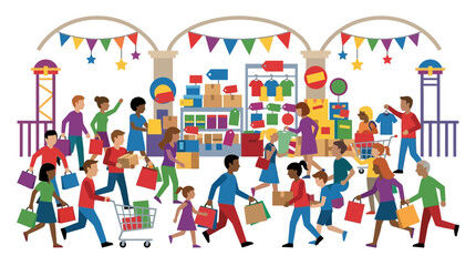 Fototapeta premium Diverse Group of Shoppers in a Busy Marketplace Illustration