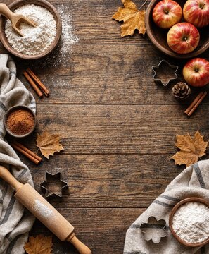 Autumn Baking Background Apples Flour Spices Wooden Copy Space