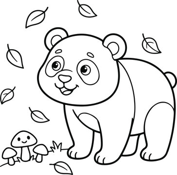 Cute panda bear standing in the forest with falling leaves and mushrooms, black and white coloring page