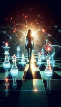 A conceptual image of a real model standing on an AI-generated chessboard, with the pieces around her represented by abstract, holographic figures, Ai generated image