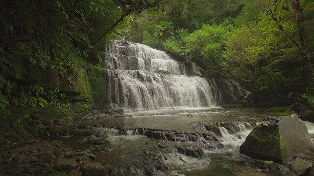 Stunning purakaunui falls cascading down mossy rock terraces in lush new zealand native rainforest landscape.