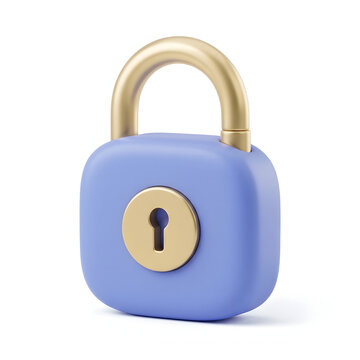Shiny blue padlock featuring gold metallic accents rendered in a soft minimalist three dimensional art style