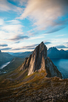 Golden hour light on Segla mountain in Norway