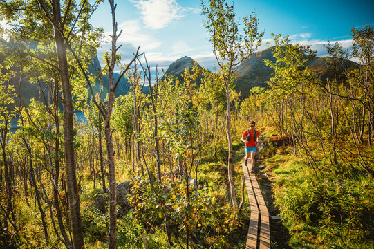 Man trail running on a boardwalk through a mountain forest