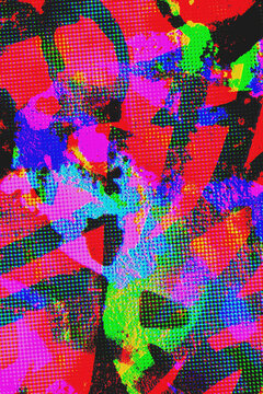 Abstract street art halftone background with fragmented geometric shards of cyan and magenta overlapping in a high-contrast painterly arrangement. Anchors a streetwear campaign and DJ event poster.