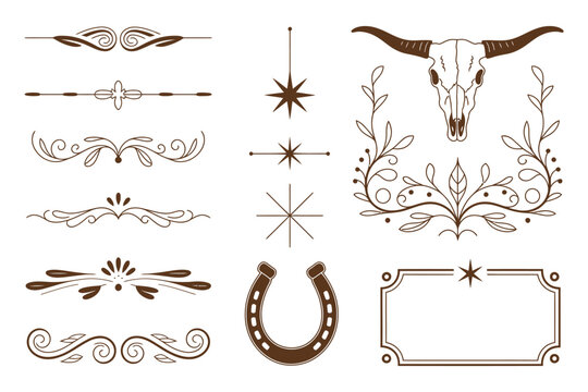 Vintage Western ornamental dividers borders flourishes, longhorn skull horseshoe set, rustic wedding invitation, ranch branding design elements, isolated white vector
