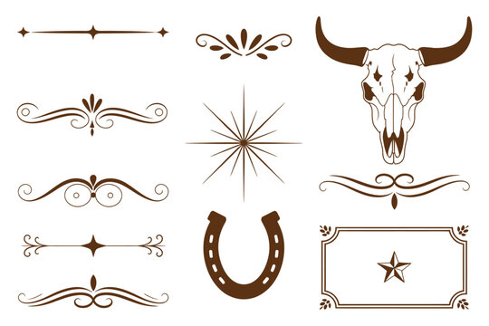 Vintage Western ornamental dividers borders flourishes, longhorn skull horseshoe set, rustic wedding invitation, ranch branding design elements, isolated white vector