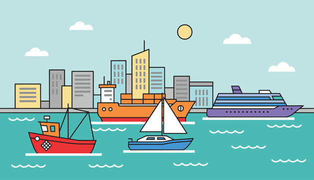 Various ships including a large container ship and a cruise liner moving across the sea in front of a city skyline.