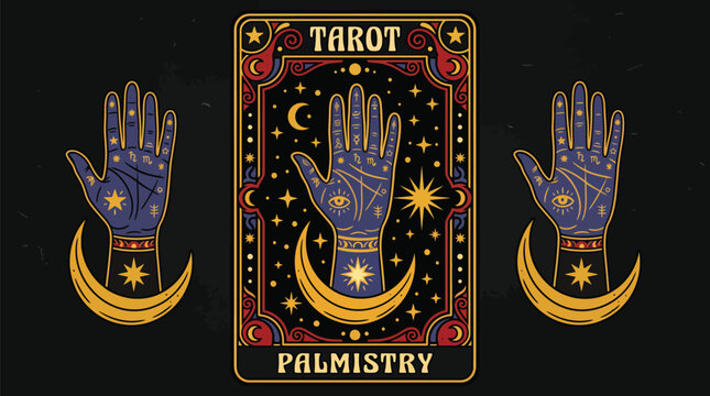 Detailed palmistry tarot card vector illustration featuring cosmic celestial elements and mystical hand symbols for divination