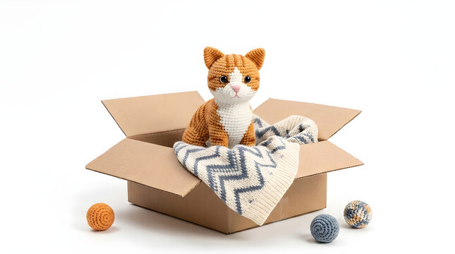 A cute crochet orange and white cat toy sitting inside a cardboard box with woolen sweater