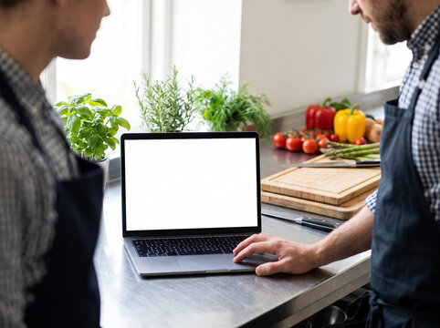 two chefs in aprons standing in restaurant kitchen in front of laptop with white mockup screen near fresh vegetables and herbs