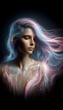 A hybrid portrait where a real models hair is transformed into an AI-generated flowing waterfall of digital code, cascading down her shoulders like a luminous veil, Ai generated image
