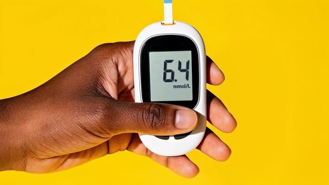 POV close-up of a black woman hand holding white digital blood glucose meter with slightly elevated blood sugar reading on screen. Prediabetes control and healthcare monitoring concept