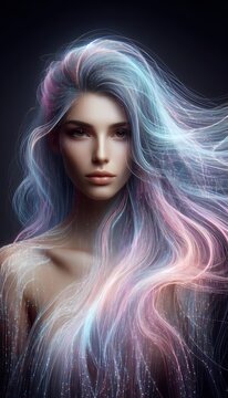 A hybrid portrait where a real models hair is transformed into an AI-generated flowing waterfall of digital code, cascading down her shoulders like a luminous veil, Ai generated image