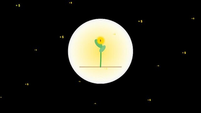 Minimalist animation of a single yellow flower growing inside a circular frame on black background.