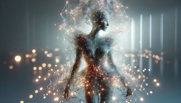 A hybrid image of a real model in an elaborate, AI-generated abstract costume made of floating, glowing polygons and light threads, creating a sense of digital couture, Ai generated image