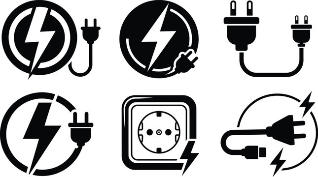 Electricity energy power plugs and sockets icons set with lightning bolt symbols electricity lightning electrical plugging