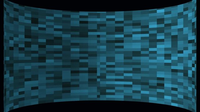 Curved pixelated surface flows with rich teal and dark blue hues. Abstract digital waves move across the pixelated surface. Cyber grid motion powers this pixelated surface.