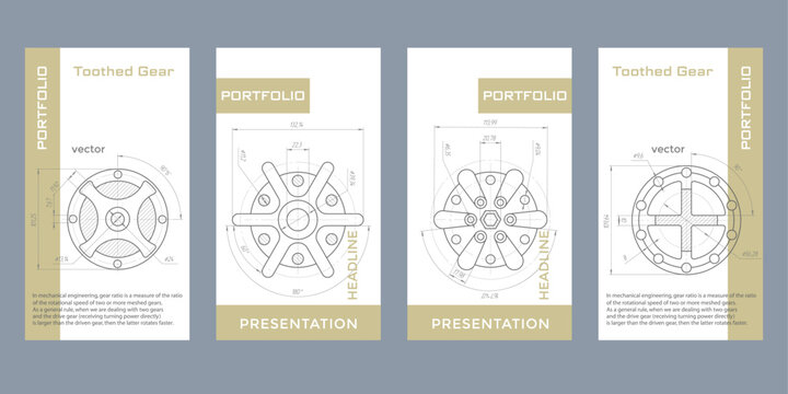 Mechanical Engineering drawing. Gears . Set of templates for brochures. Vector illustration.