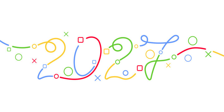 2027 inscription. Happy New Year . Christmas symbols  . Background of geometric shapes. Vector illustration.