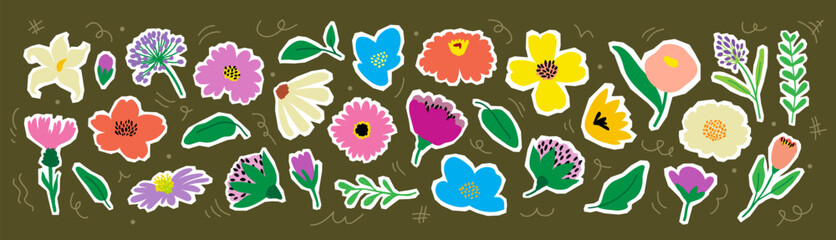 Naklejka premium Flowers cutouts stickers vector set, Scrapbook sticker floral elements collection, Colorful botanical and leaves collage set, floral of wildflower vector illustration