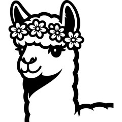 Obraz premium Graceful white llama with a flower crown on its head, close up view. Black and white vector with thick outlines isolated on white background