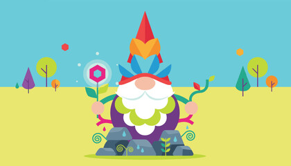 Fototapeta premium Whimsical gnome character holding a magic flower in a colorful natural meadow landscape with trees on a soft blue sky background.
