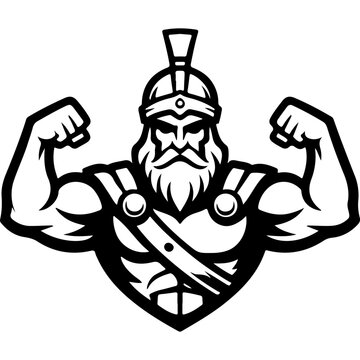 Powerful bearded Spartan warrior in helmet flexing massive muscular arms, black and white vector logo design on shield background, strong ancient Greek fighter mascot