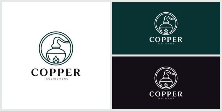 Copper distillery alembic pot outline logo design vector illustration with distillery