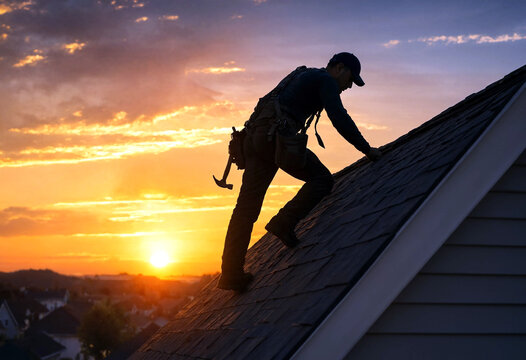 Silhouette of a roofer working on a house roof at sunset with hammer and tools