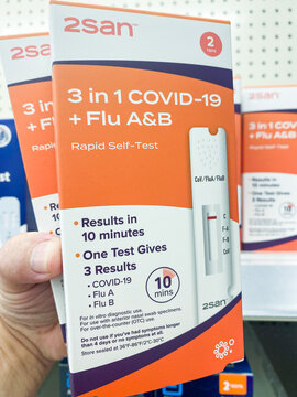 Hand holding 2san 3 in 1 COVID 19 and Flu AB rapid self test box - Auburn WA USA - August,21 2026