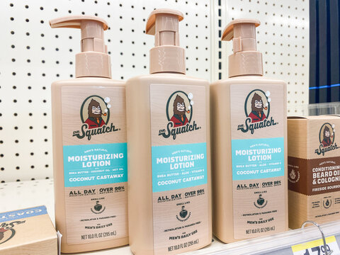 Dr Squatch men natural moisturizing lotion coconut castaway bottles on shelf - Auburn WA USA - August,21 2026