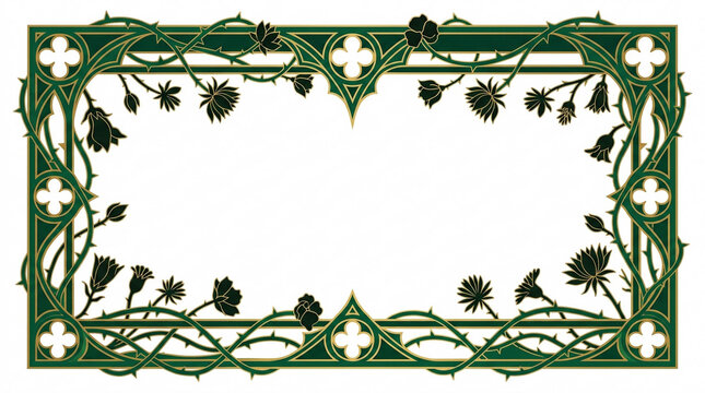 Gothic floral frame with thorny vines. Decorative botanical border design on white background