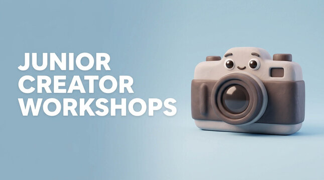 Junior creator workshops camera icon. Cute 3D clay style photography equipment design element