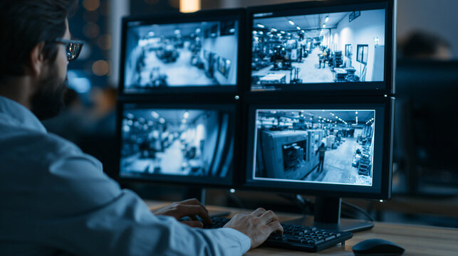 Security guard watching multiple surveillance camera screens