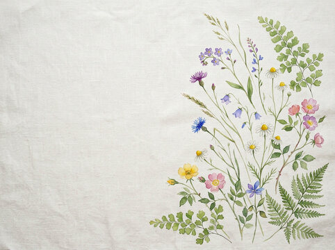 Wildflower watercolor illustration on linen fabric. Floral botanical arrangement for creative