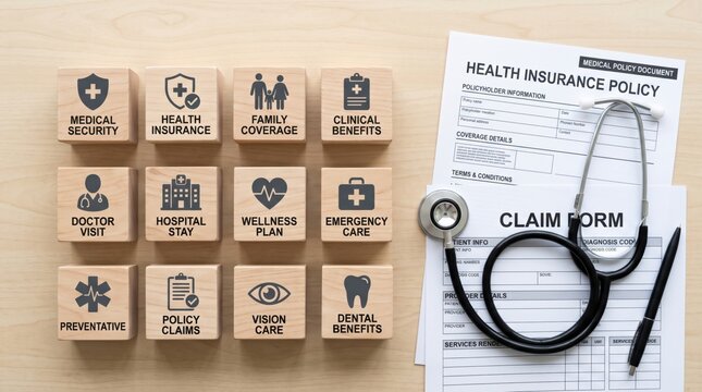 Wooden blocks display medical and health insurance terms alongside a health insurance claim form, pen, and stethoscope on a light wooden surface.