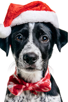 Adorable black and white puppy wearing a red Santa hat and bow tie isolated on transparent background