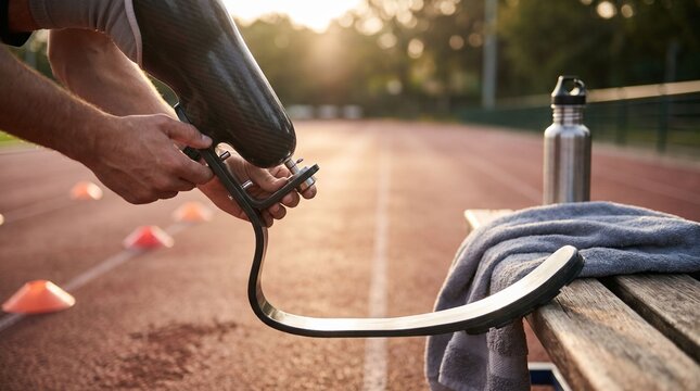 Athlete attaching running blade prosthetic on track bench