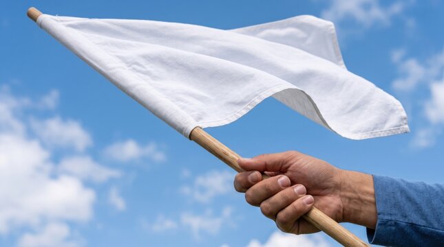 A hand waves a white flag on a wooden stick against a blue sky with scattered clouds, symbolizing surrender or truce.