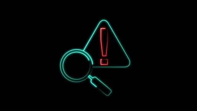 Magnifying glass animation reveals a red exclamation warning. Urgent system security alerts trigger on the magnifying glass. Critical hazard monitoring uses the magnifying glass.