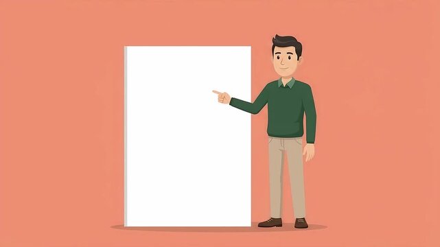 Animated Man Presenting on Blank White Board for Copy Space and Information