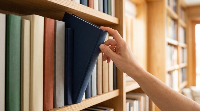 A person selects a dark blue book from a wooden bookshelf filled with books of various colors in a well-lit library or study.