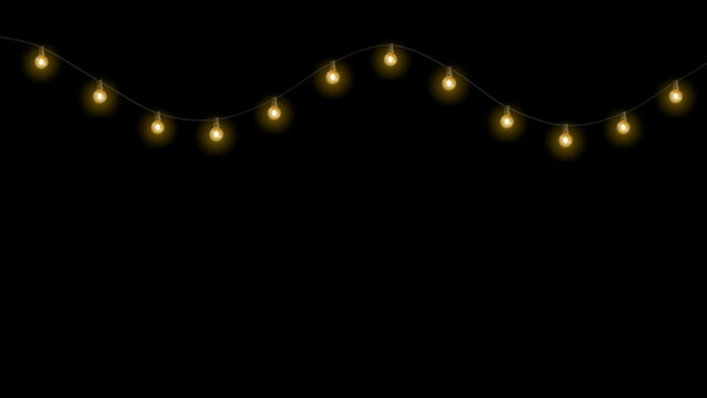 Glowing Christmas string lights garland isolated on black background