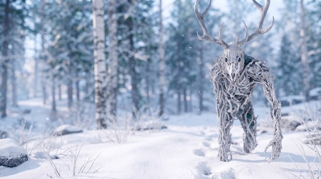 Wendigo monster walking in a snowy forest with copy space on the left