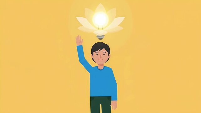 Animated Man with Blooming Lotus Lightbulb Symbolizing Idea and Enlightenment