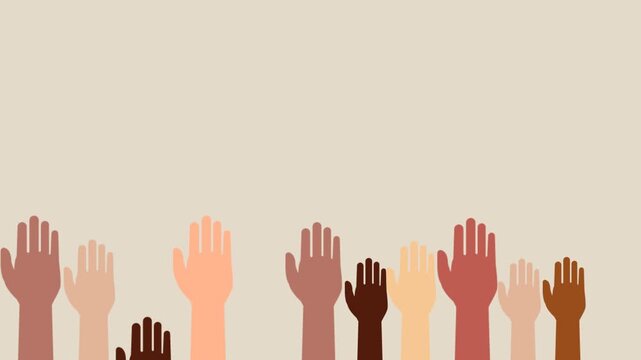 Animation featuring multicultural hands raised high to represent global unity and togetherness.