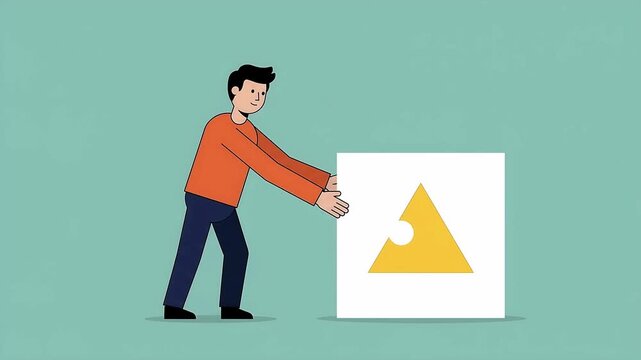 Animated Man Solves Triangle Puzzle, Finding Perfect Fit and Solution, Business Concept